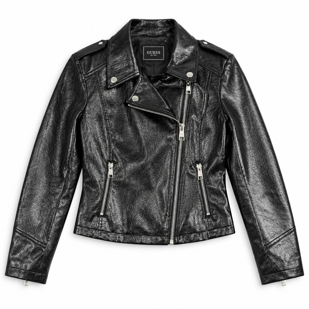 Guess Womens Black Faux Leather Moto Biker Jacket Snakeskin Embossed Size M